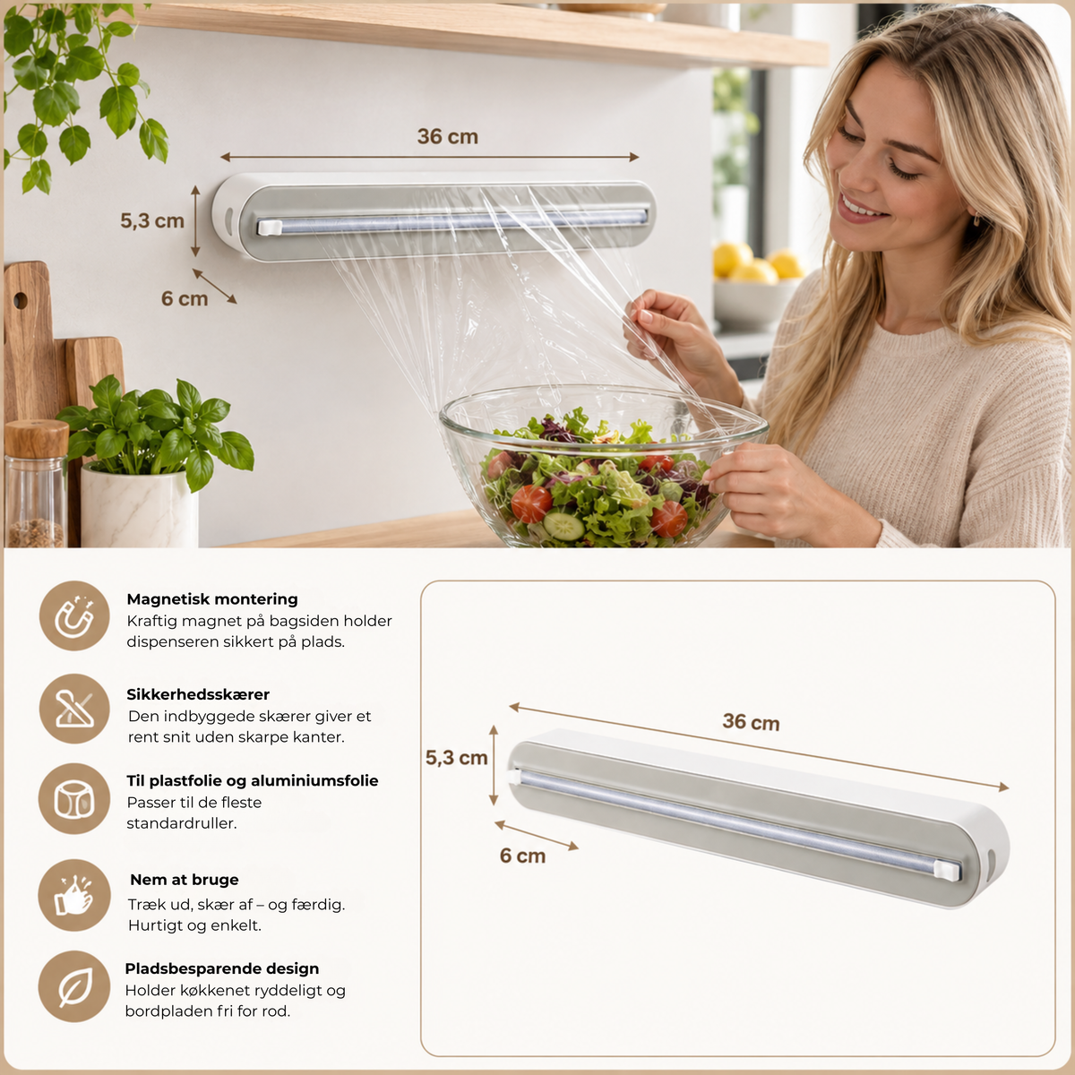 FolieSnit™ - Magnetisk foliedispenser med sikkerhedsskærer — altid klar på væggen!