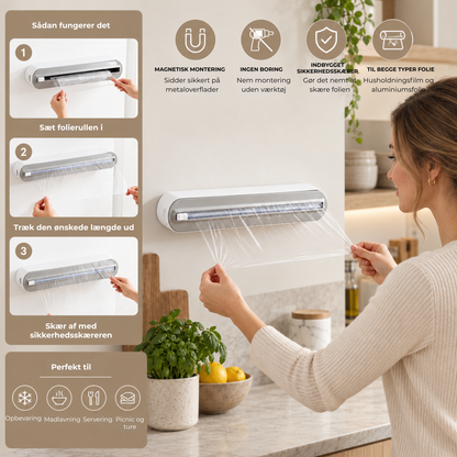 FolieSnit™ - Magnetisk foliedispenser med sikkerhedsskærer — altid klar på væggen!