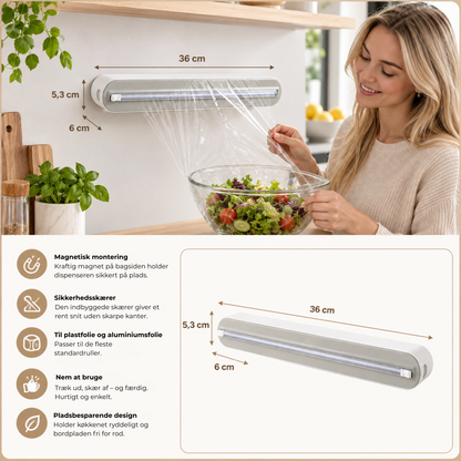 FolieSnit™ - Magnetisk foliedispenser med sikkerhedsskærer — altid klar på væggen!